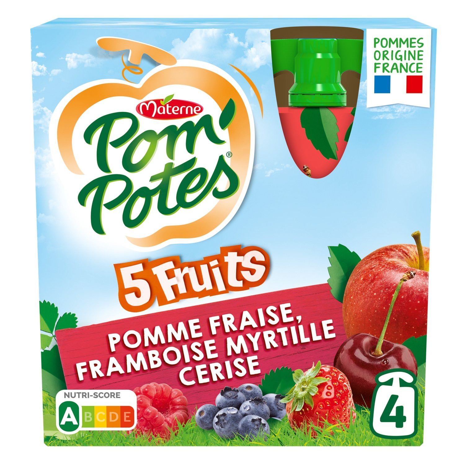 Pom'Potes 4 × 90g 5 fruits, Pomme, Fraise, Framboise, Myrtille, Cerise
