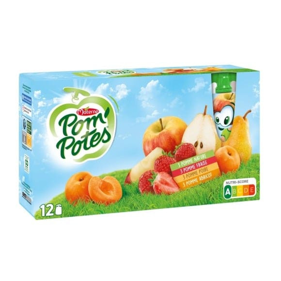 Pom'Potes 12 × 90g 3 pommes nature 3 pomme fraise 3 pomme poire 3 pomme abricots