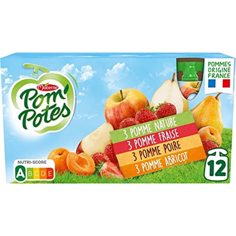Pom'Potes 12 × 90g 3 pommes nature 3 pomme fraise 3 pomme poire 3 pomme abricots